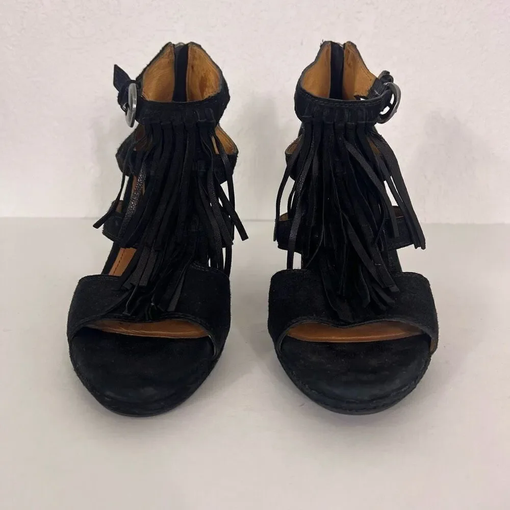 Trask‎ Black Leather Suede Fringe High Heel Wedges